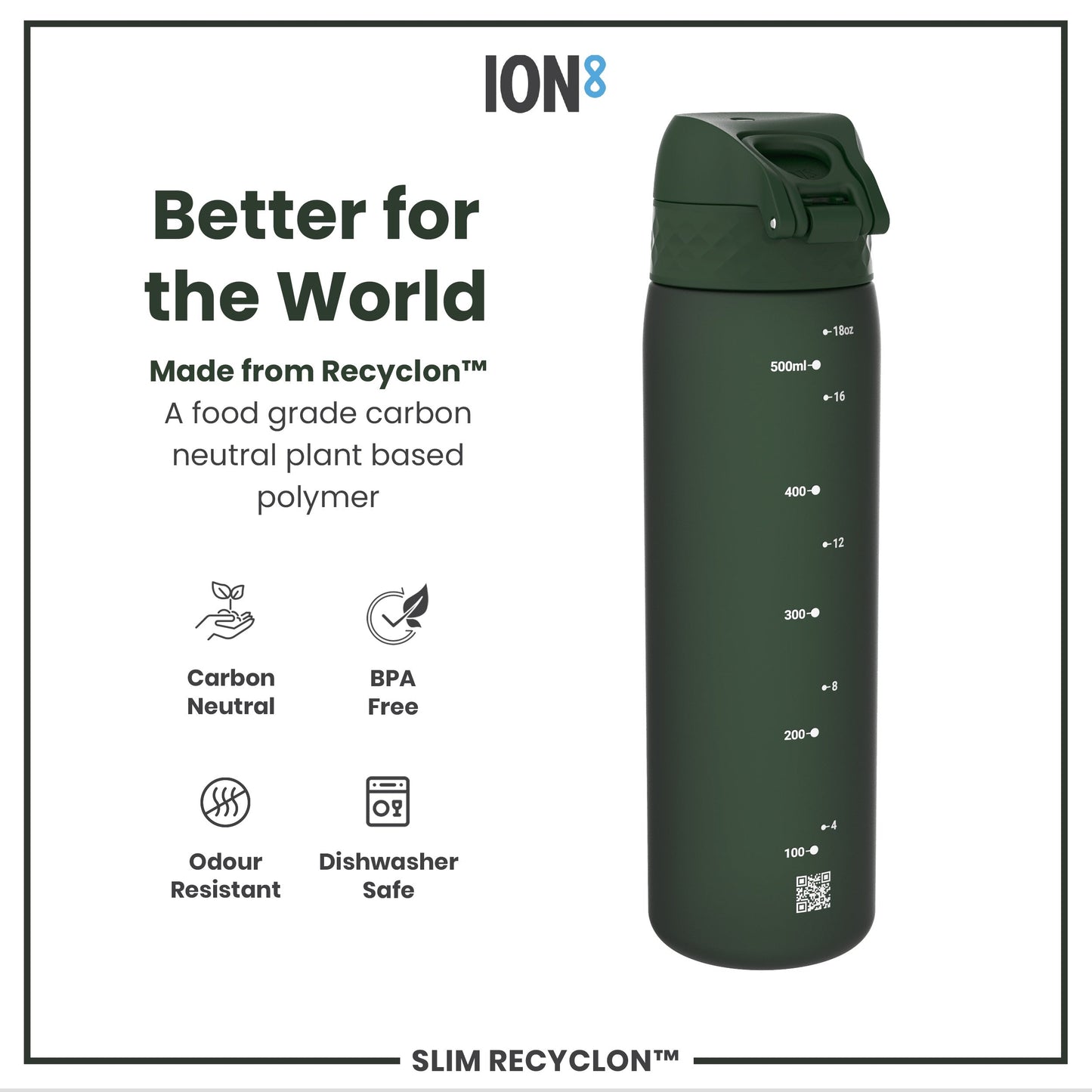 Green water bottle with branding and sustainability features on a white background