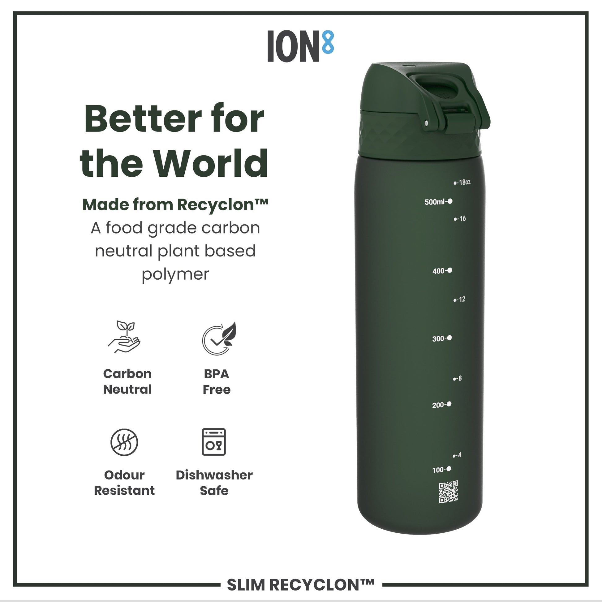 Green water bottle with branding and sustainability features on a white background