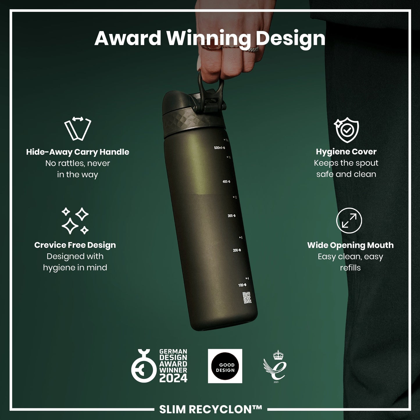 Black water bottle with features highlighted on a green background