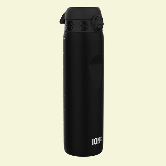 Black water bottle with 'ION8' branding on a white background