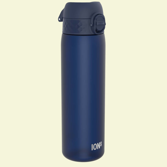 Navy blue water bottle with 'ION8' branding on a white background