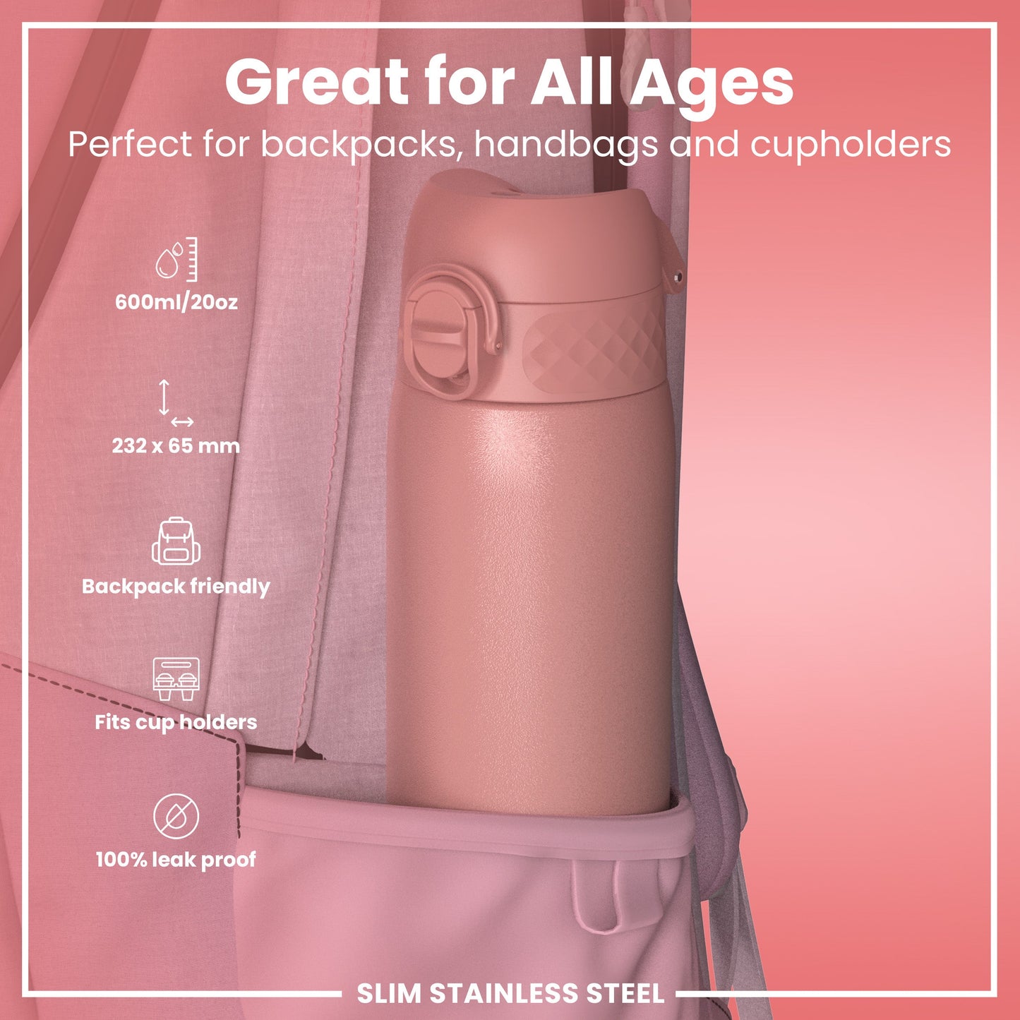 Pink thermos bottle with backpack and handbag on pink background