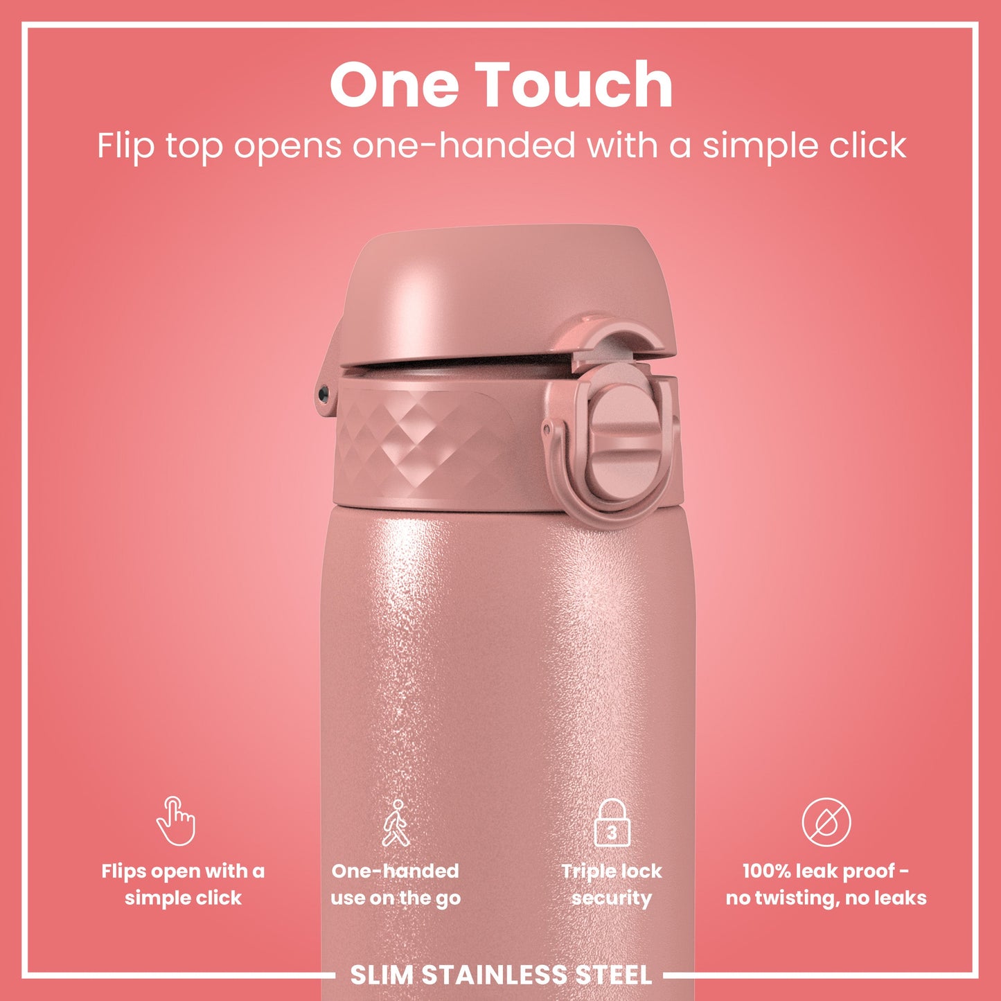 Pink stainless steel water bottle with flip top on a pink background