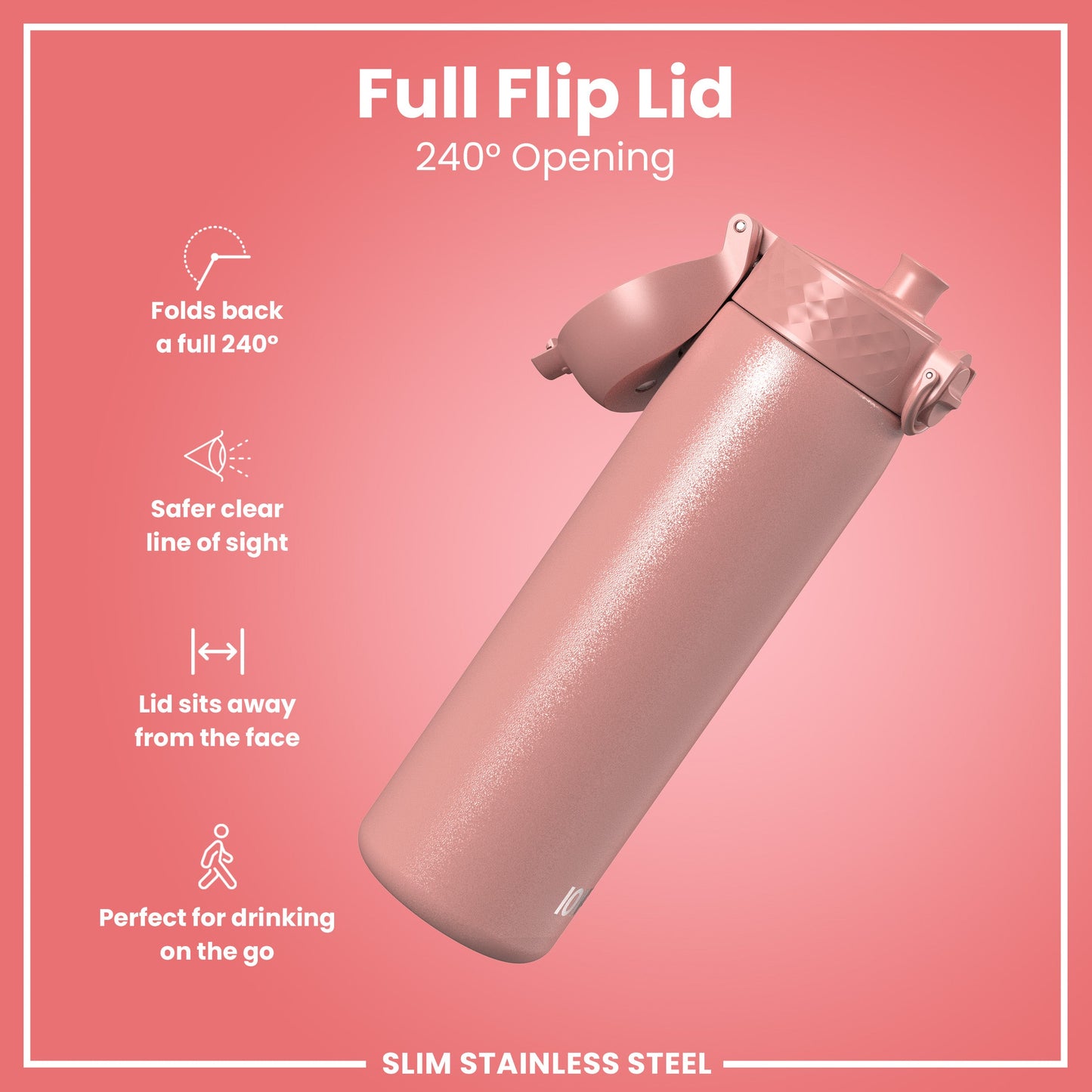 Pink water bottle with full flip lid on a pink background