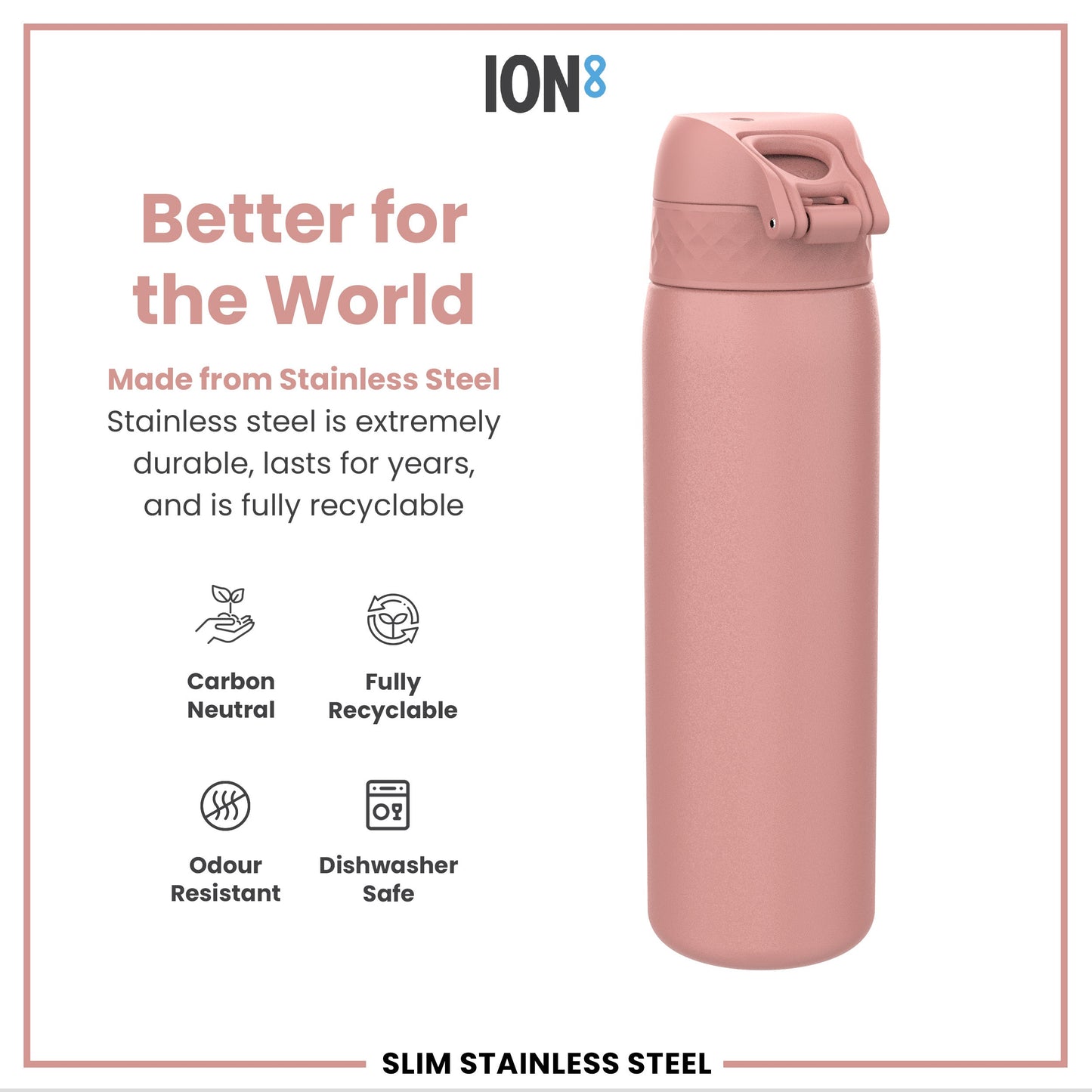 Pink stainless steel water bottle with ION8 branding on a white background