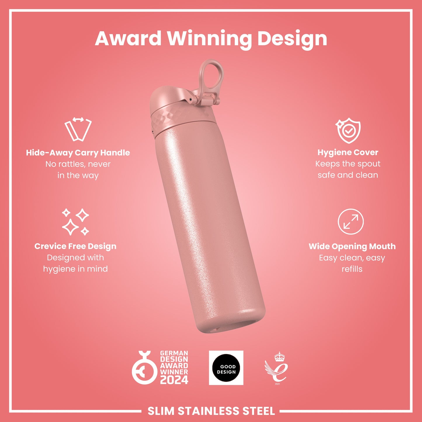 Pink stainless steel water bottle with features on a pink background
