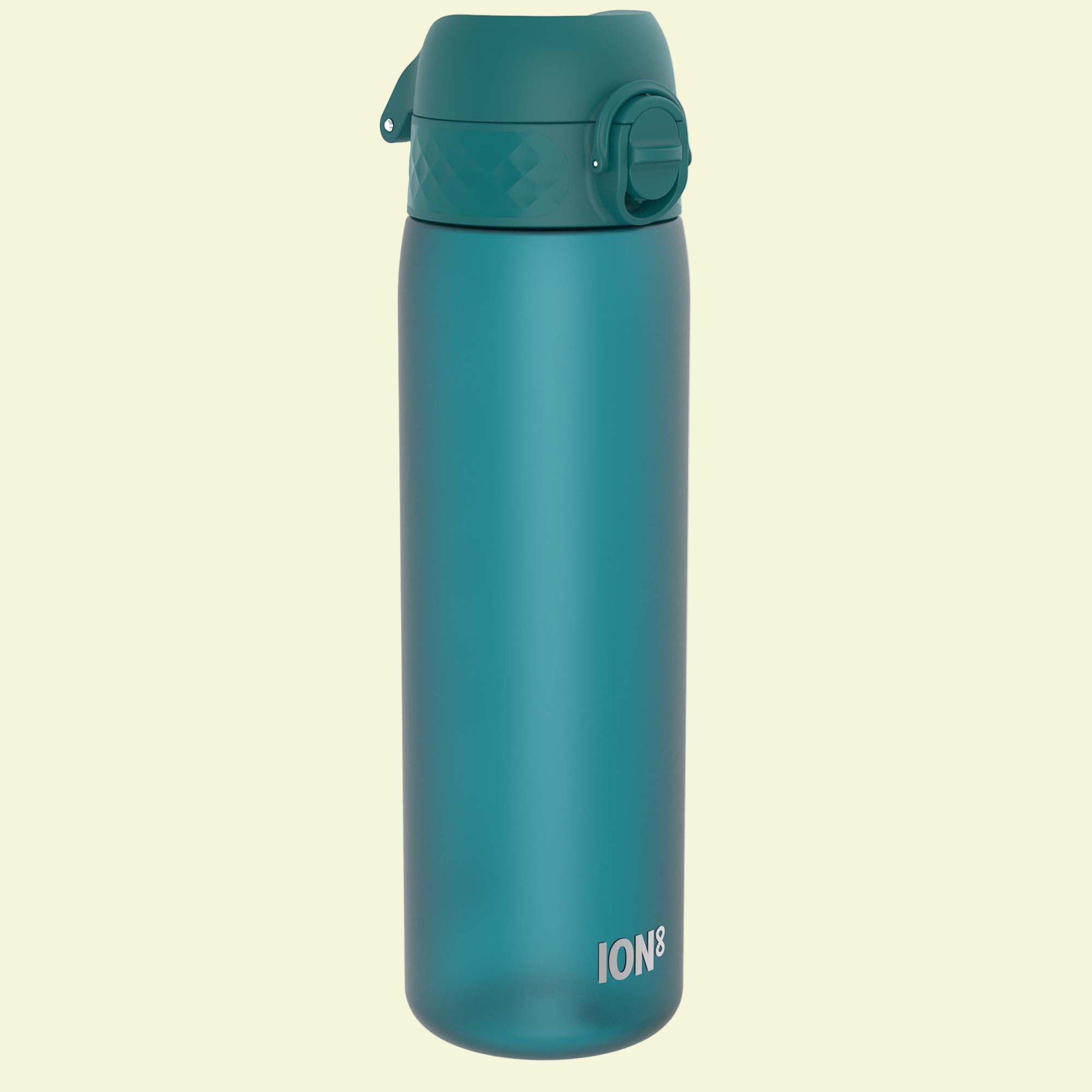 Teal water bottle with 'ION8' branding on a white background