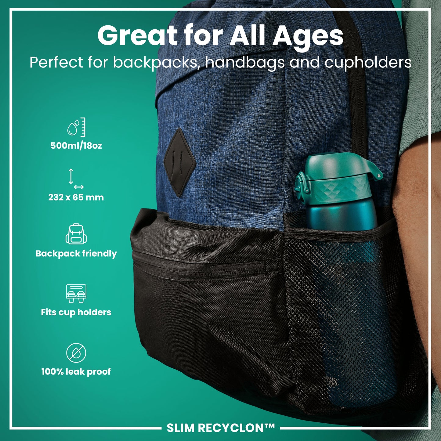 Blue backpack with a black cup holder and teal water bottle, featuring product details on a green background.