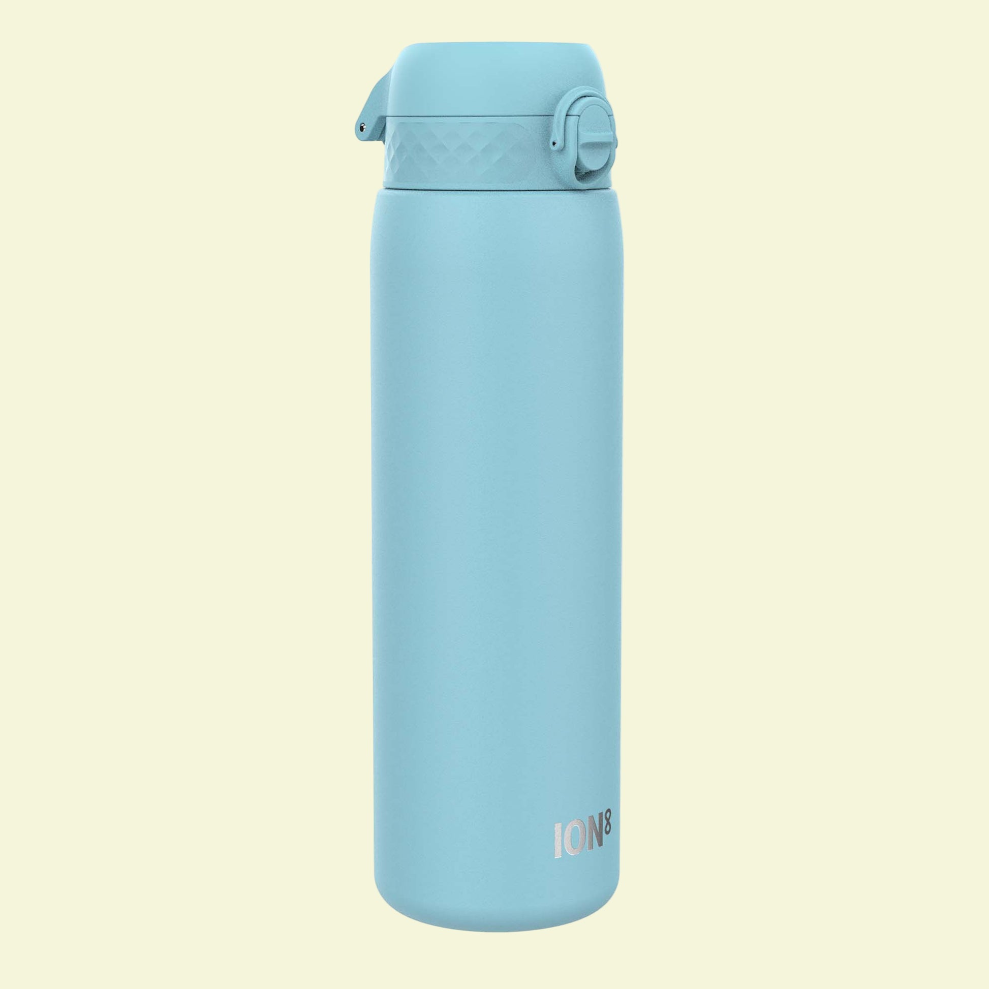 Light blue water bottle with a white background