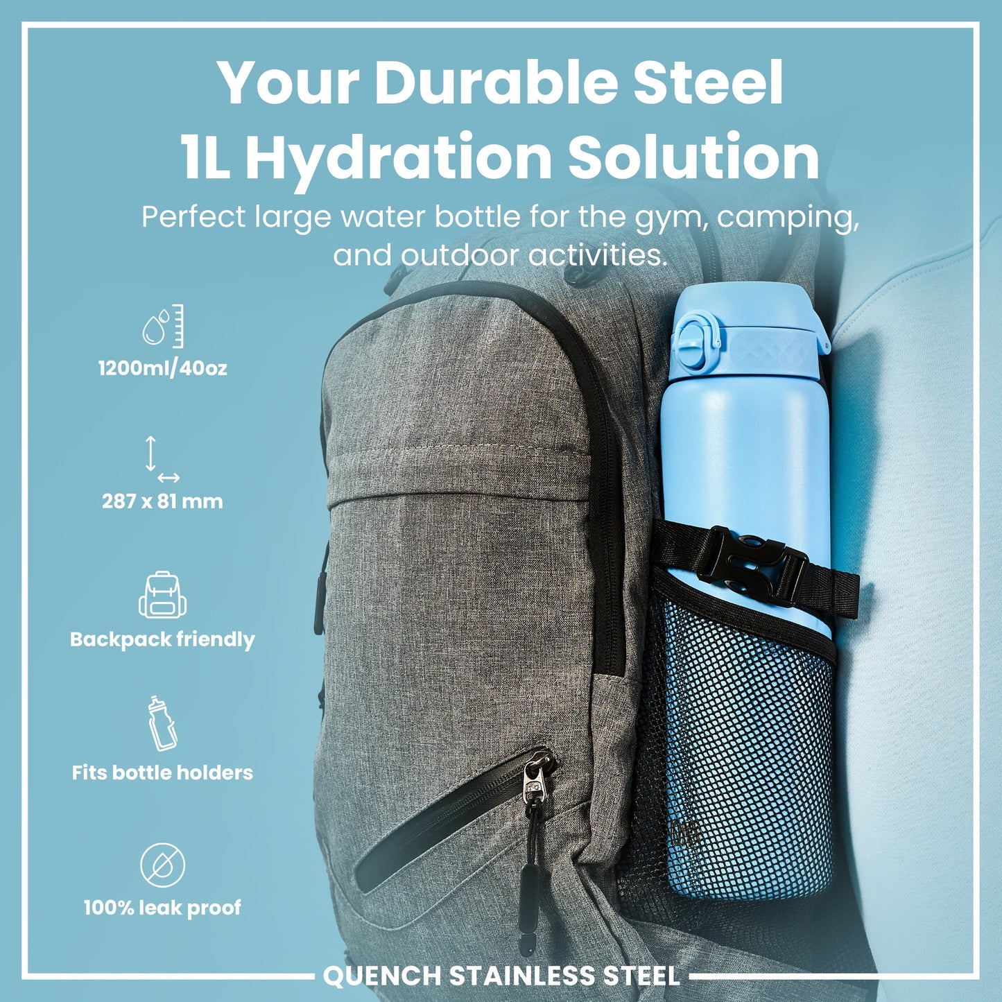 Blue hydration bottle in a backpack with product details on a light blue background