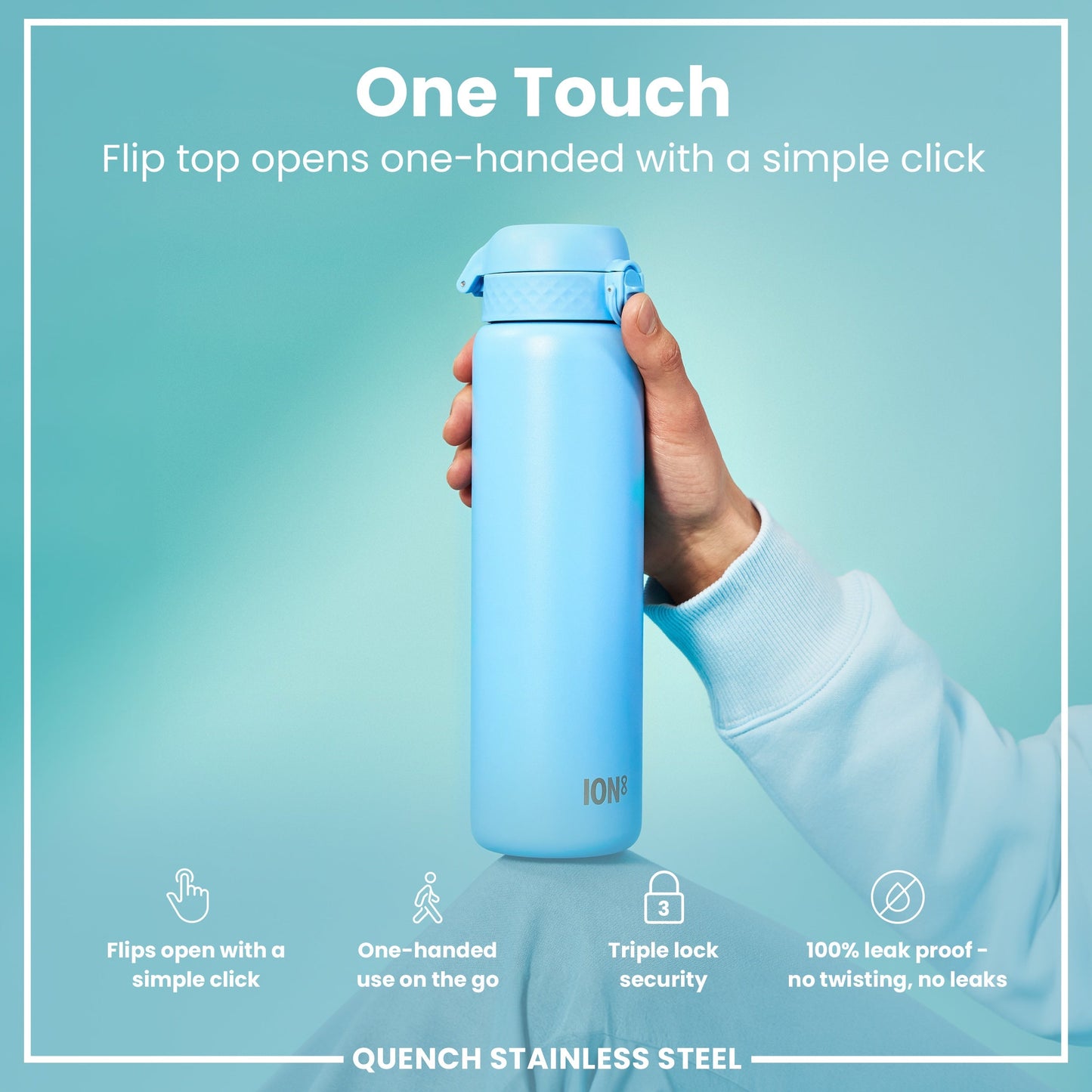 Blue water bottle held by a hand with text highlighting features on a teal background