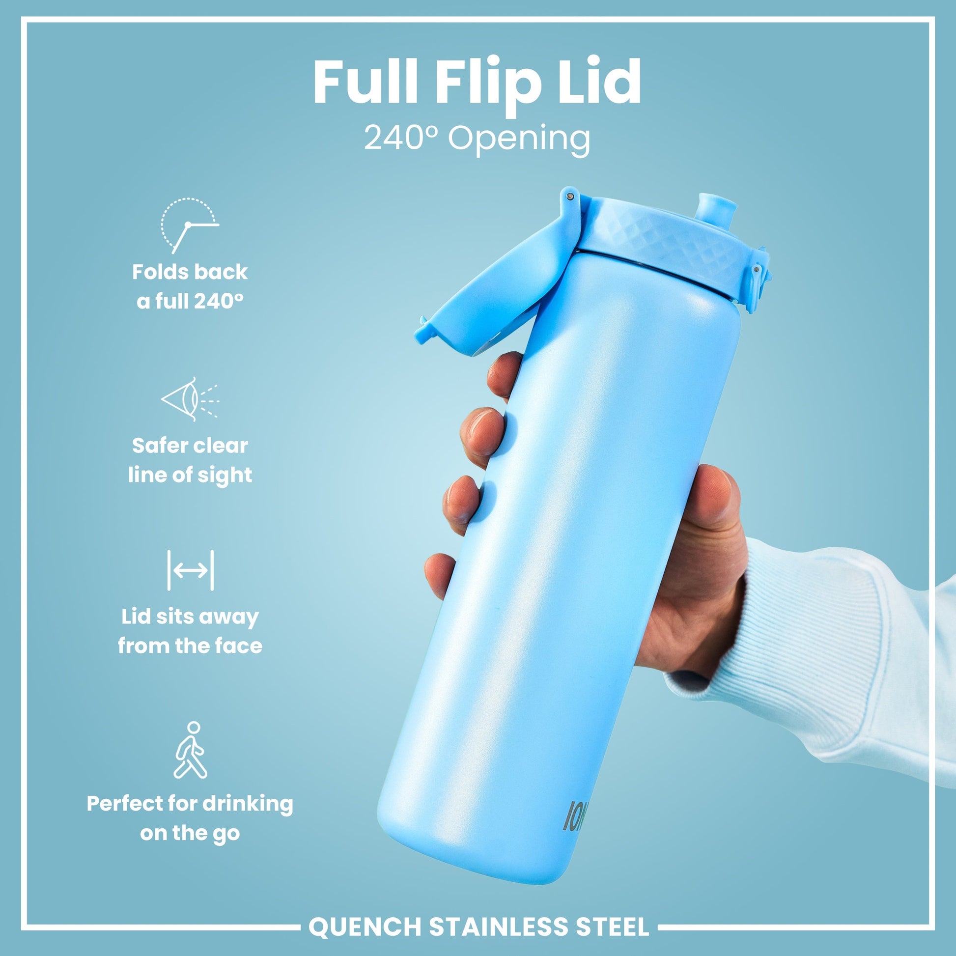 Blue water bottle with full flip lid feature on a light blue background