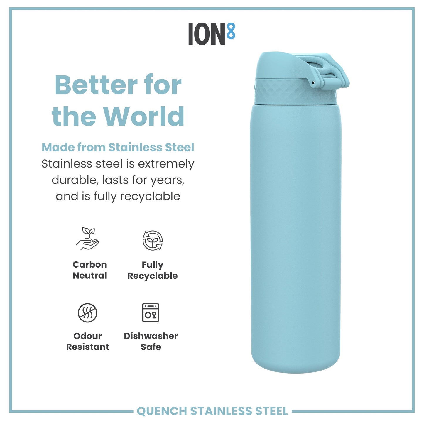 Blue stainless steel water bottle with ION8 branding and sustainability features on a white background