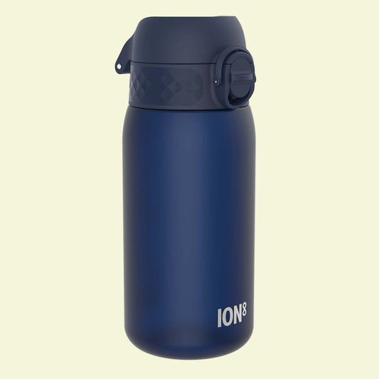 Blue water bottle with 'ION8' branding on a white background