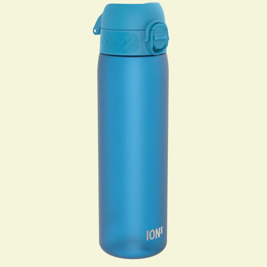 Blue water bottle with 'ION8' branding on a white background