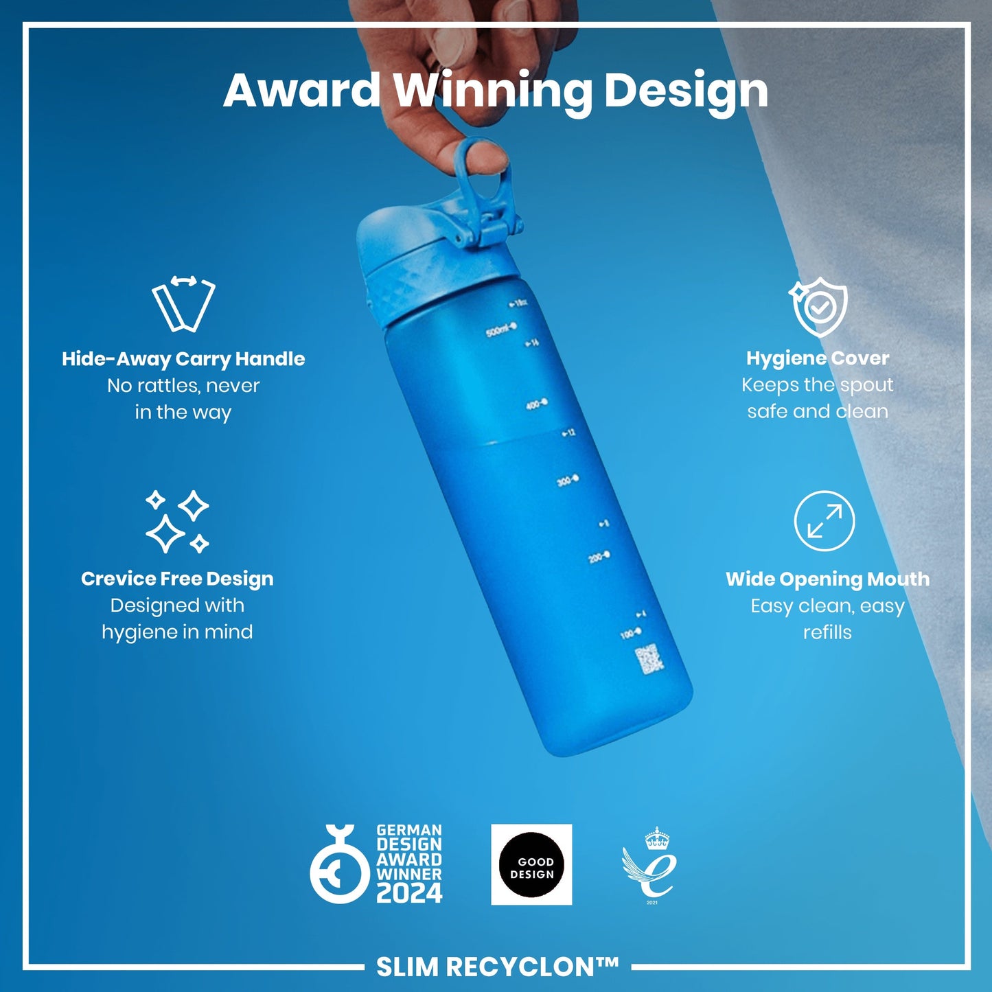 Blue water bottle with features highlighted on a blue background