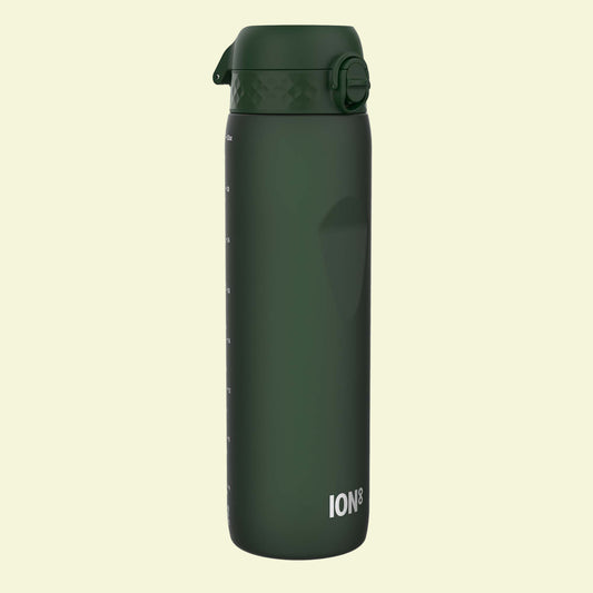 Green water bottle with a cap on a white background
