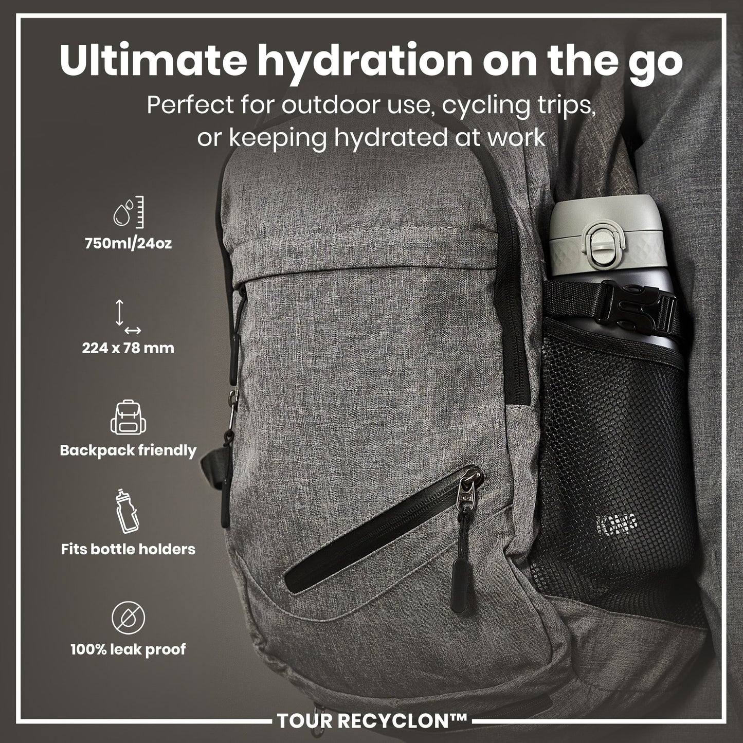 Gray backpack with water bottle holder on a gray background, featuring text about hydration and product features.
