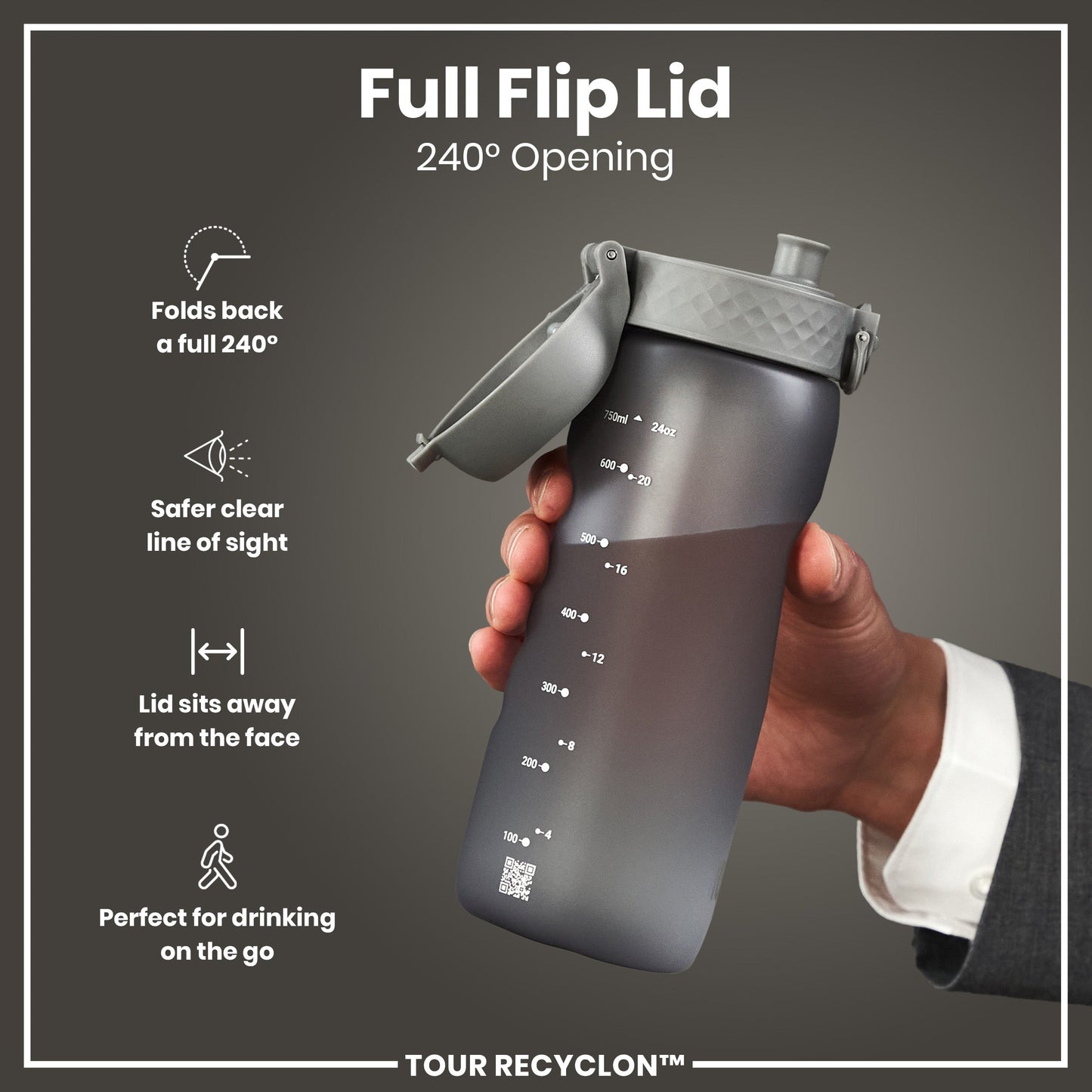 Hand holding a grey shaker bottle with a full flip lid on a gray background, featuring text and icons about the lid's features.