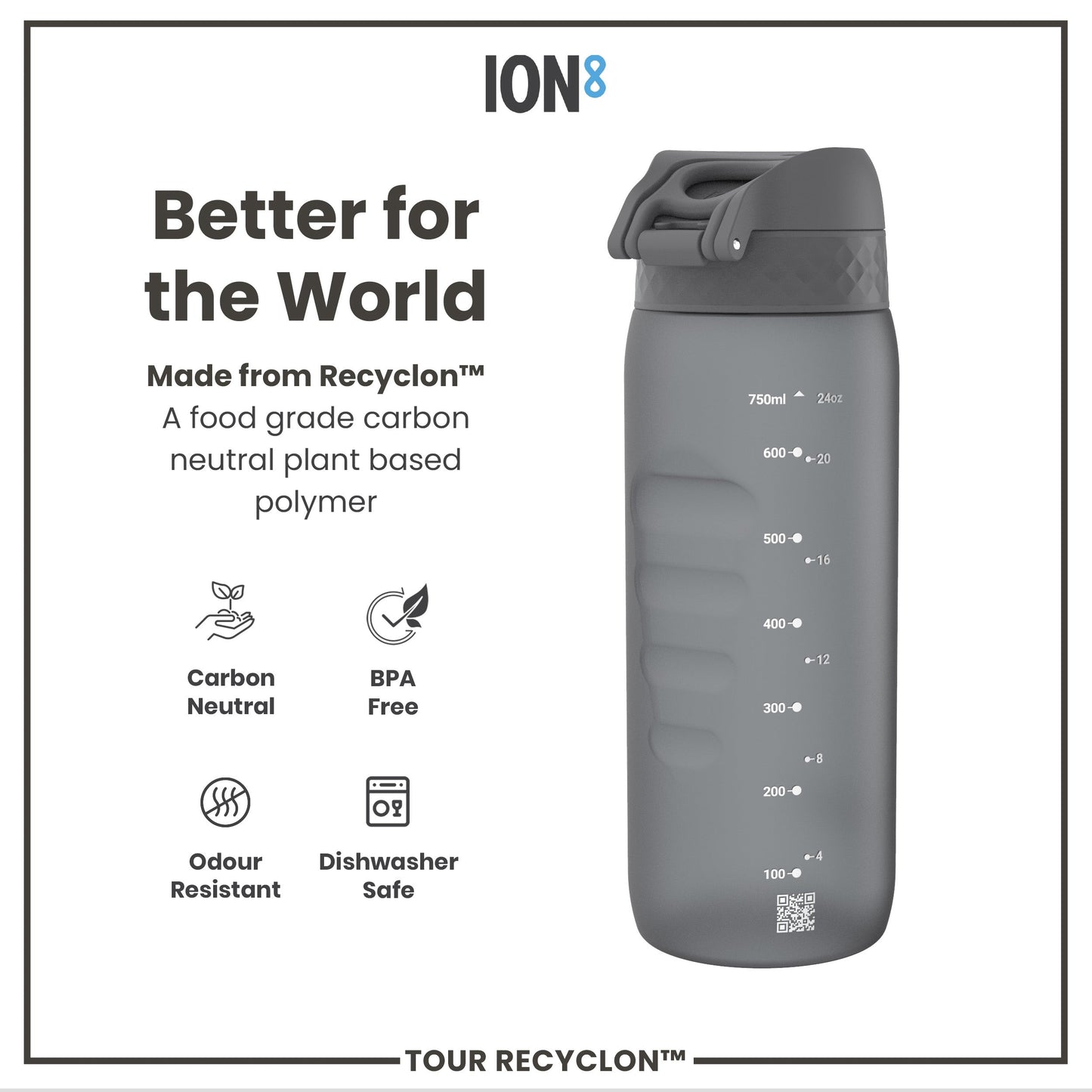 Gray water bottle with measurement markings on a white background, featuring the ION8 brand.
