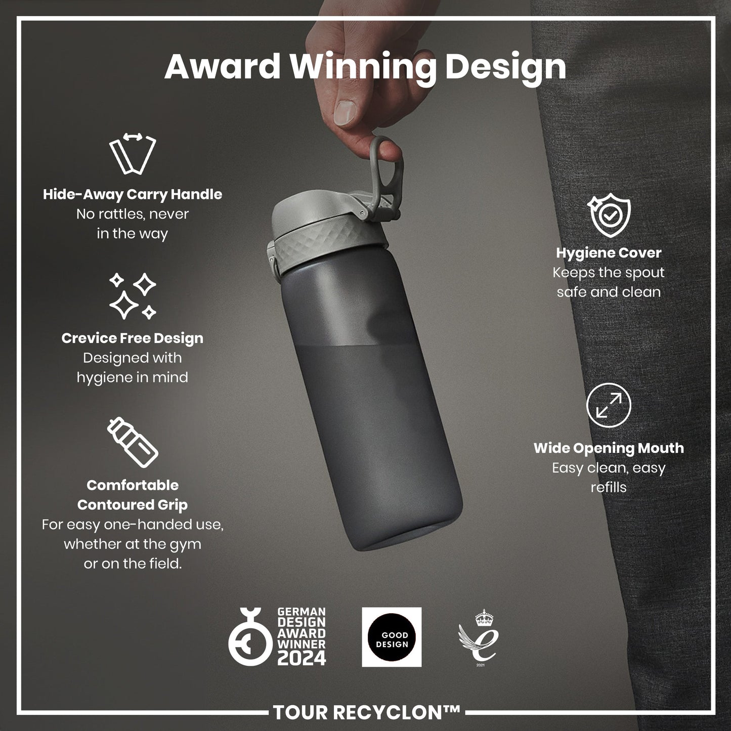 Grey water bottle with features highlighted on a gray background