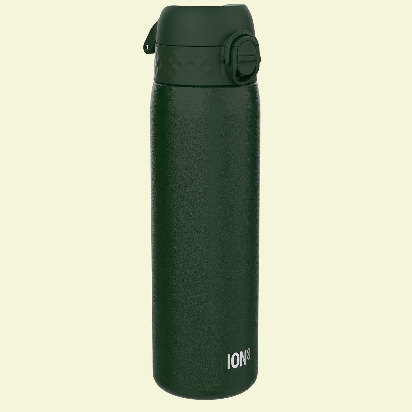 Green water bottle with 'ION' branding on a white background