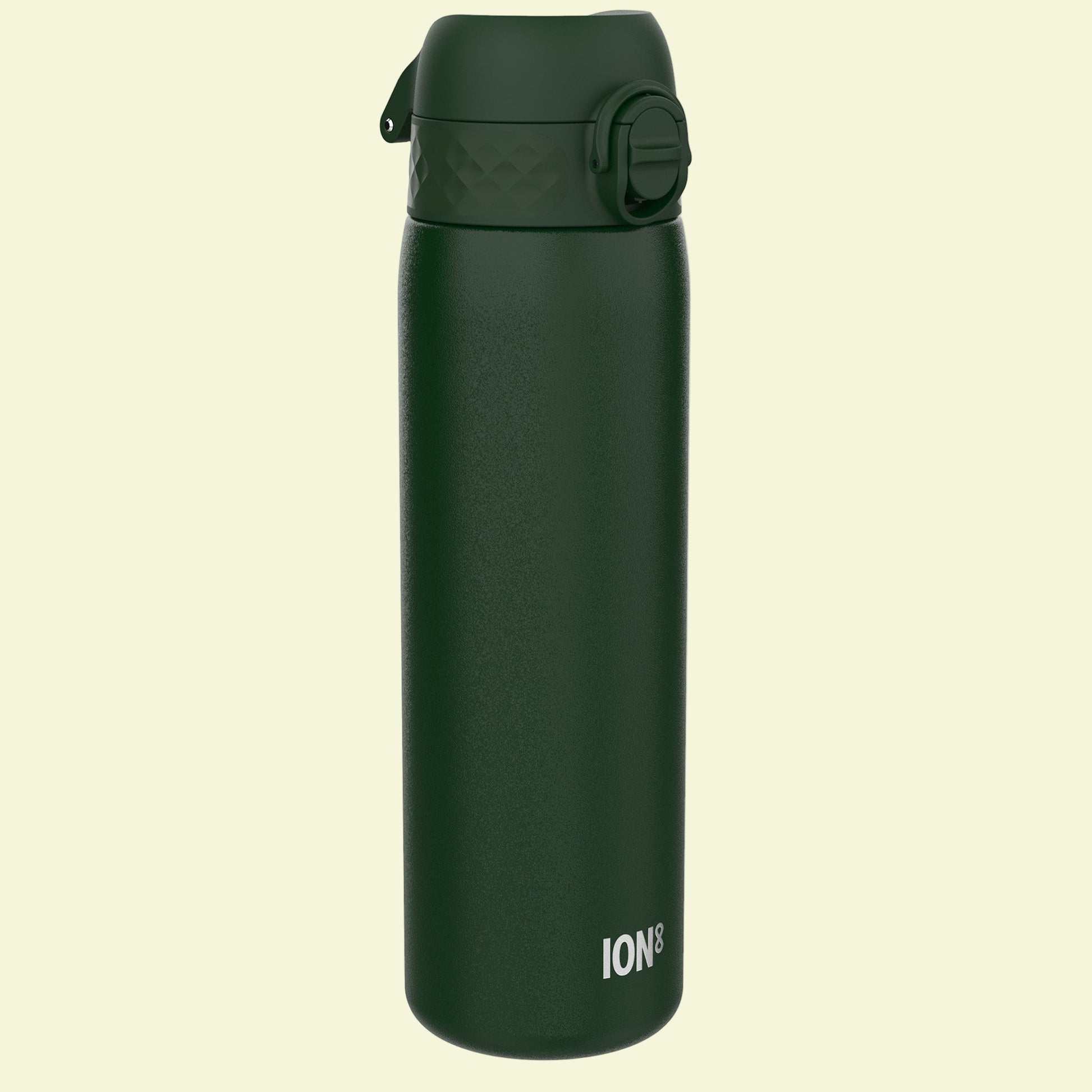 Green water bottle with 'ION' branding on a white background