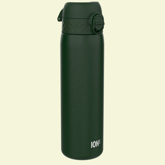 Green water bottle with 'ION' branding on a white background