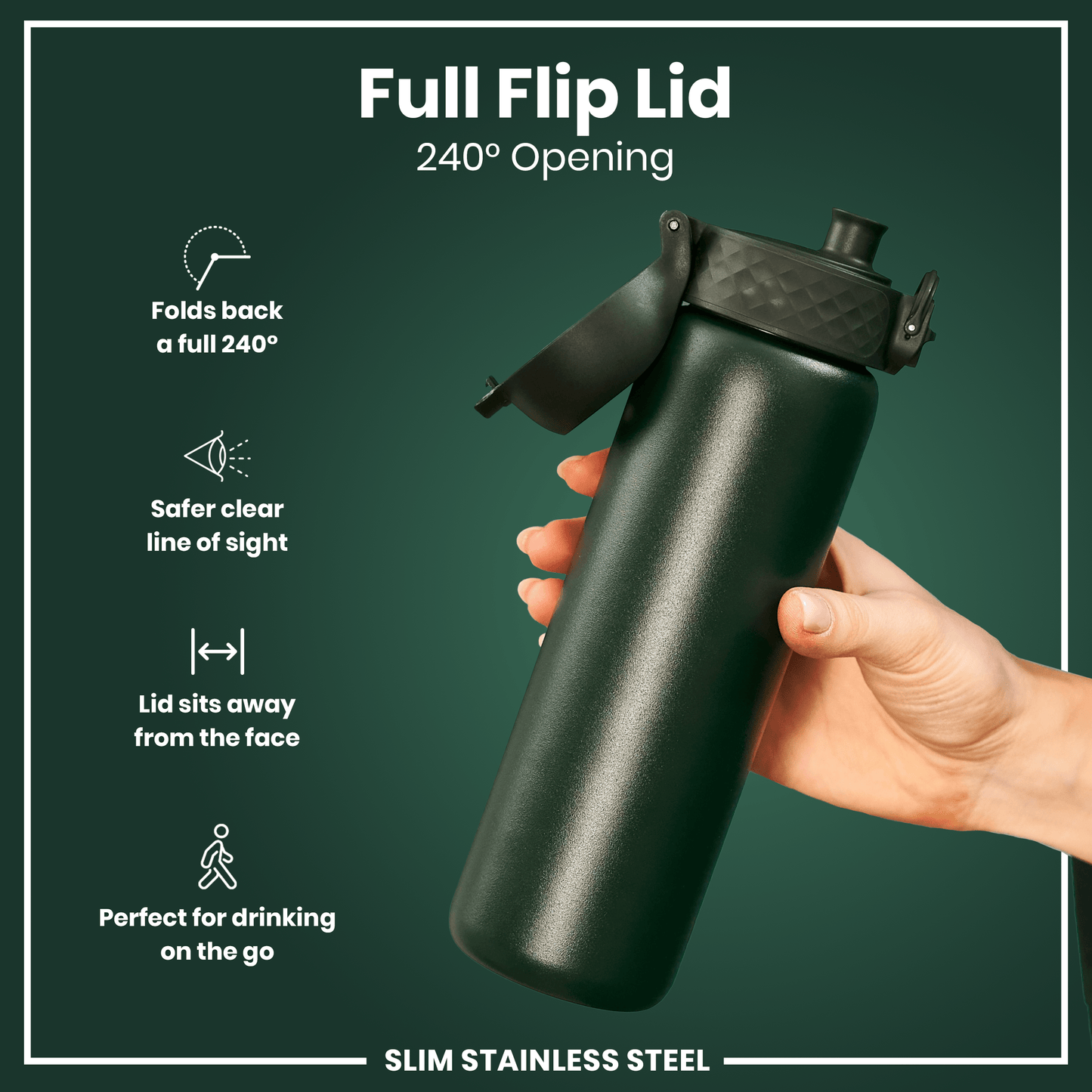 Black water bottle with full flip lid held by a hand on a green background