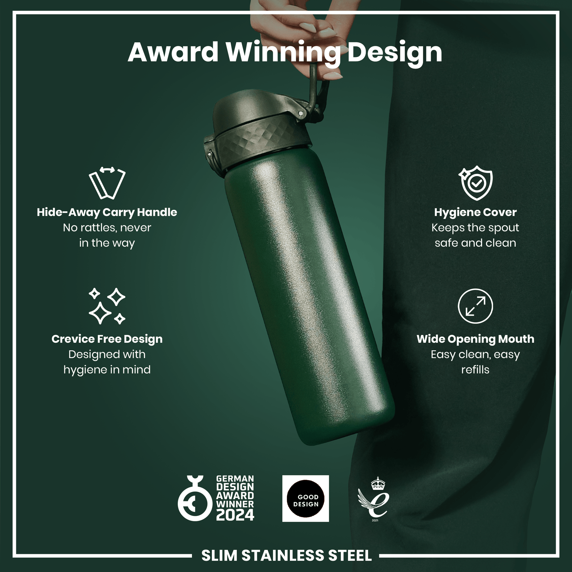 Green stainless steel water bottle with features listed on a green background