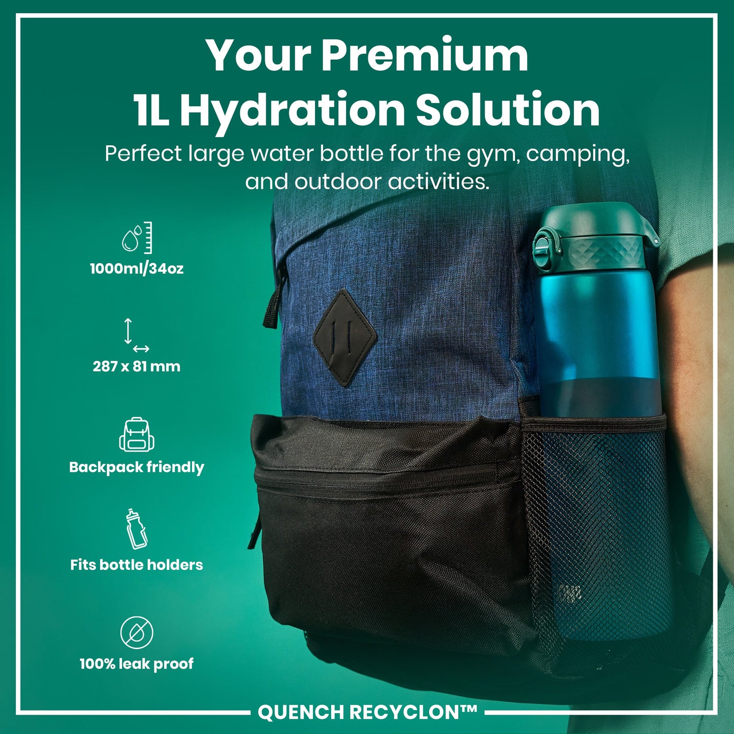 Blue hydration bottle in a backpack with product details on a green background