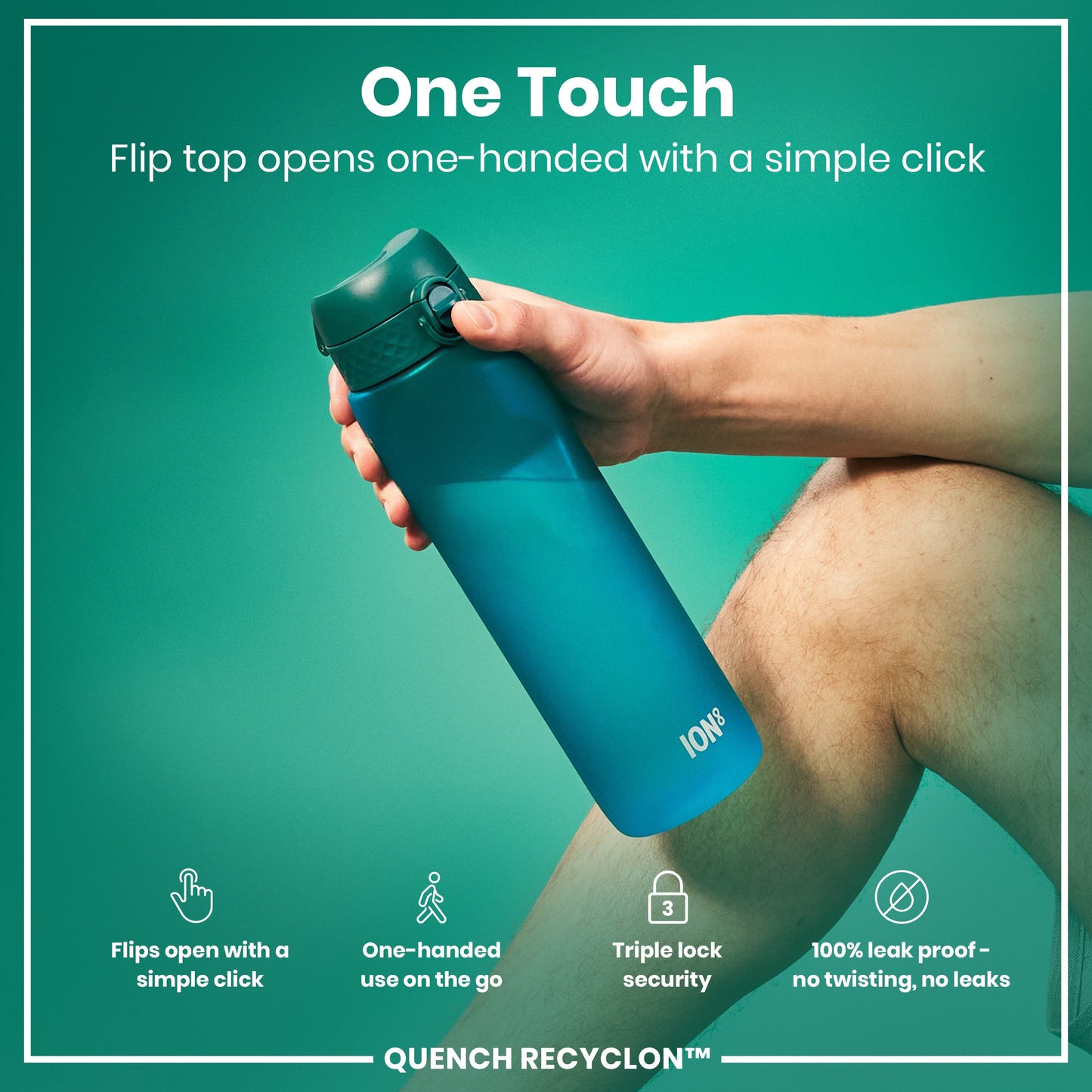 Blue water bottle with flip top held by a hand against a green background, featuring text about bottle features.
