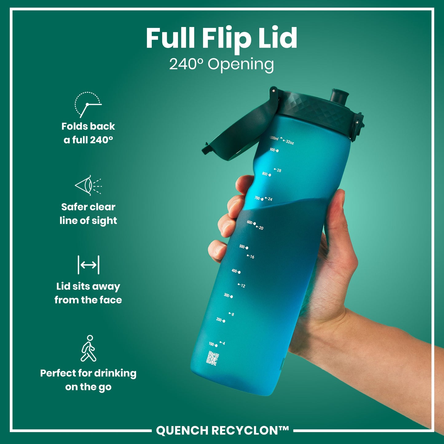 Blue water bottle with a full flip lid held by a hand on a green background