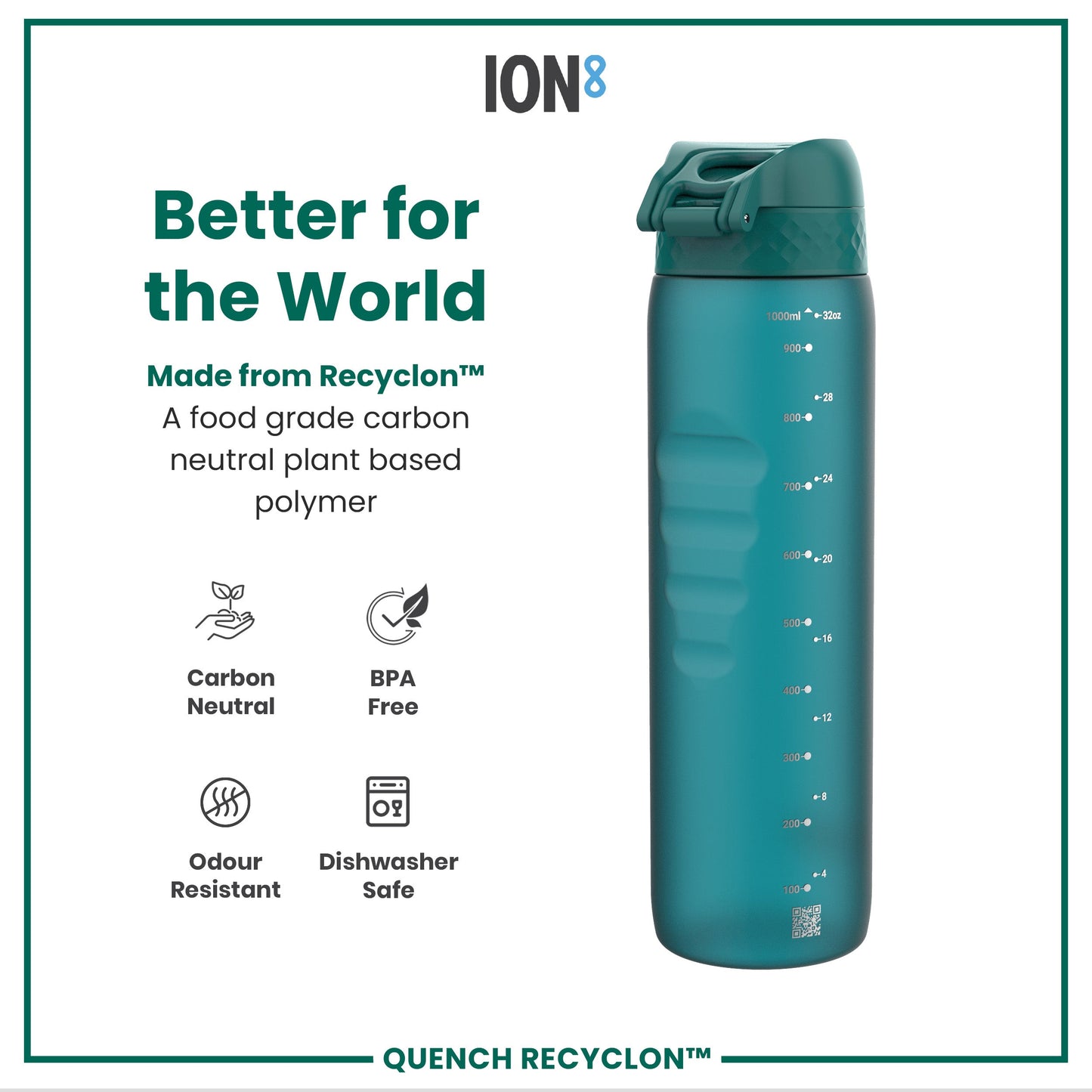 Teal water bottle with 'ION8' branding and sustainability features on a white background