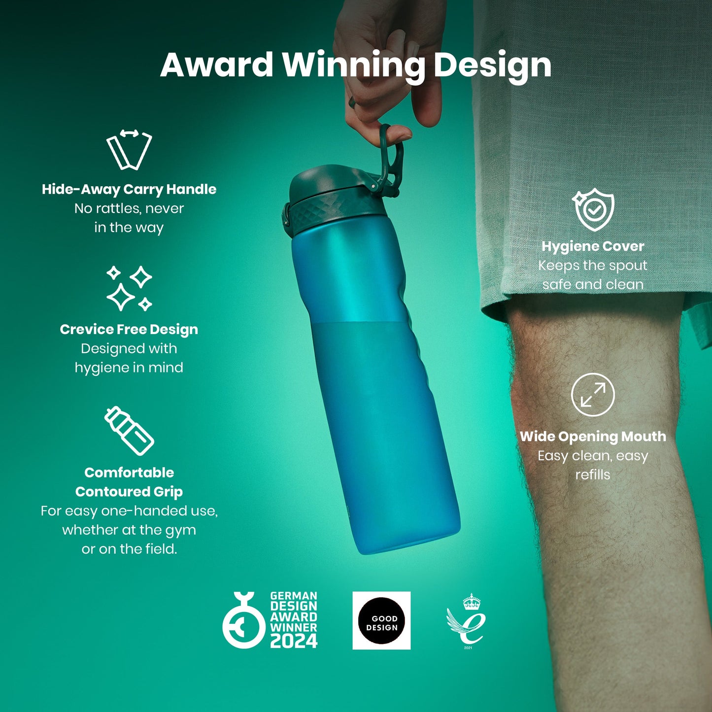 Blue water bottle with features highlighted on a green background