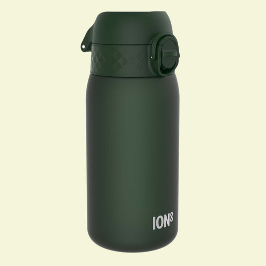 Green water bottle with 'ION8' branding on a white background