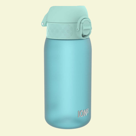 Teal water bottle with a flip lid on a white background