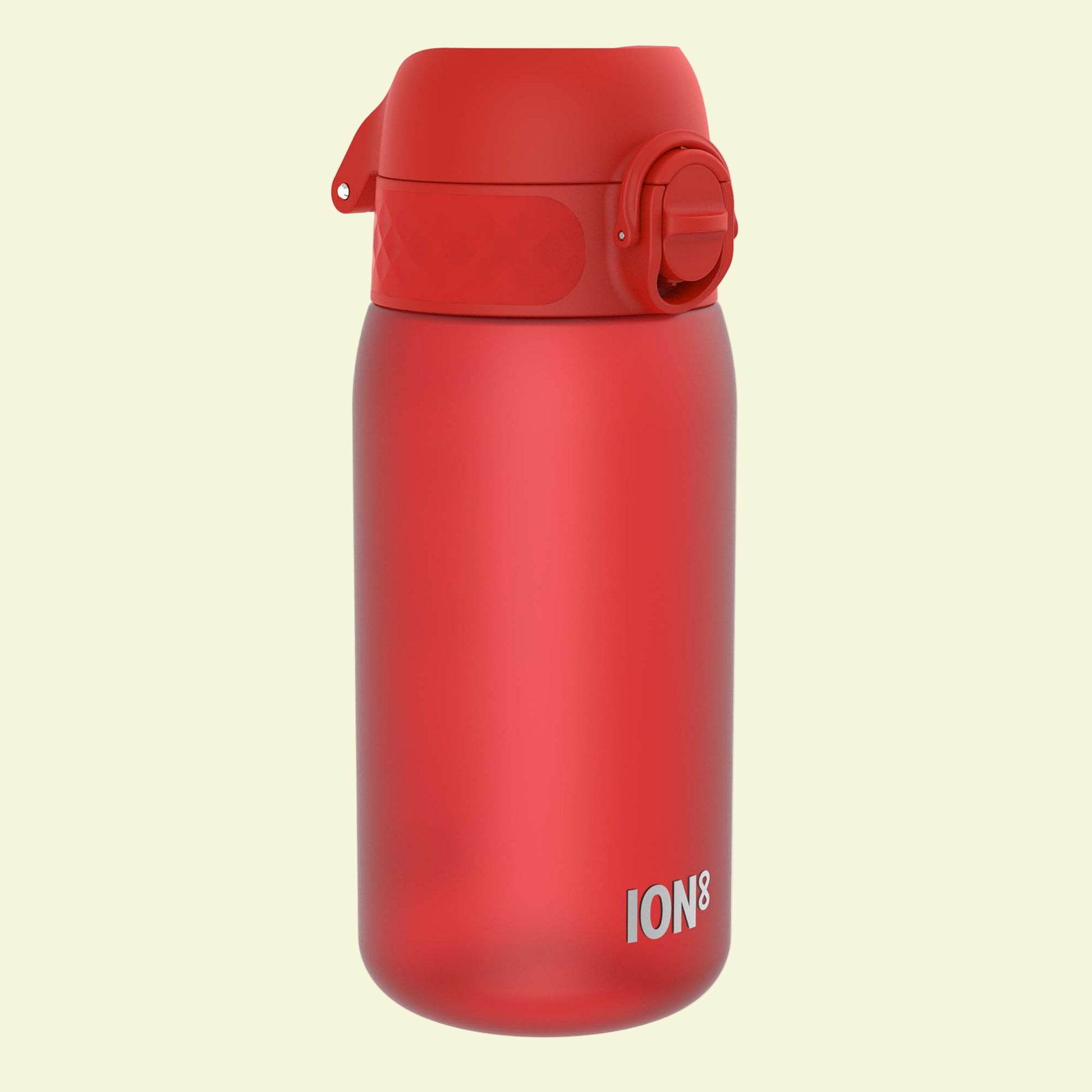 Red water bottle with 'ION8' branding on a white background