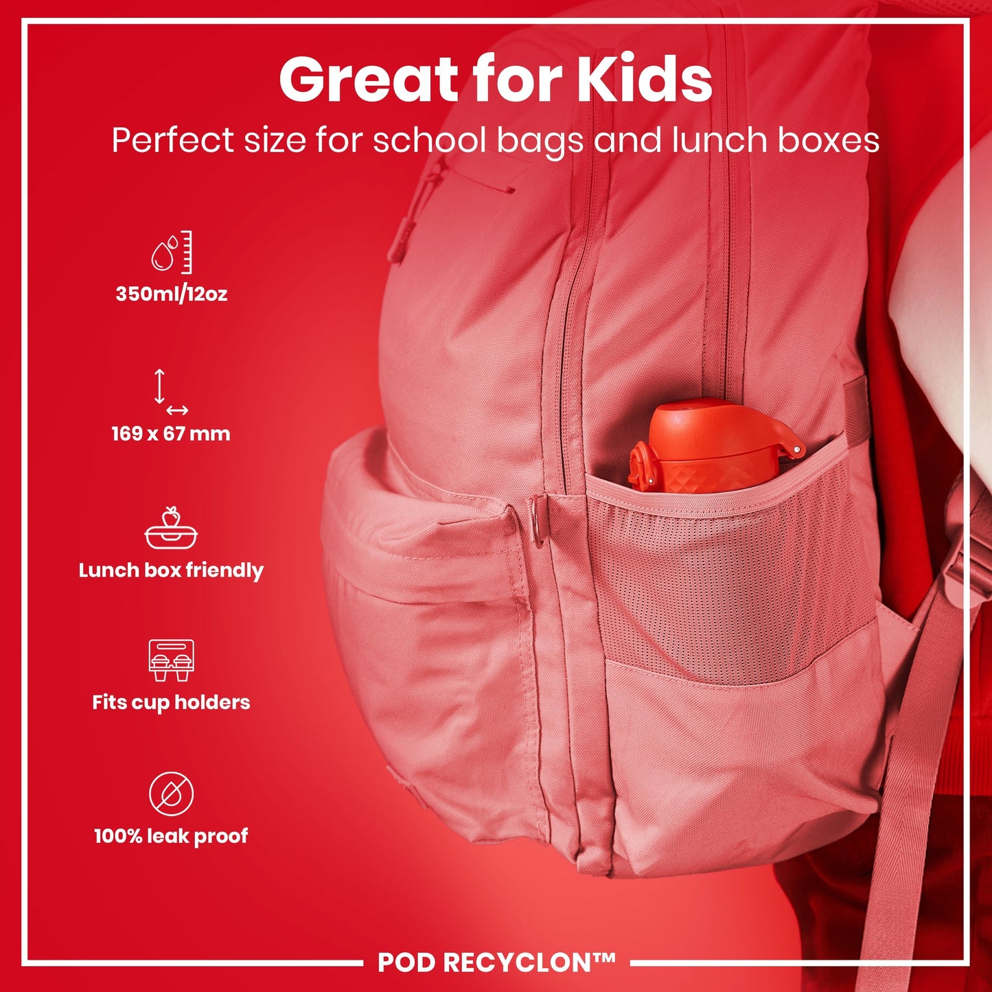 Red bag with a pocket containing an orange item on a red background, featuring text and icons about its features.