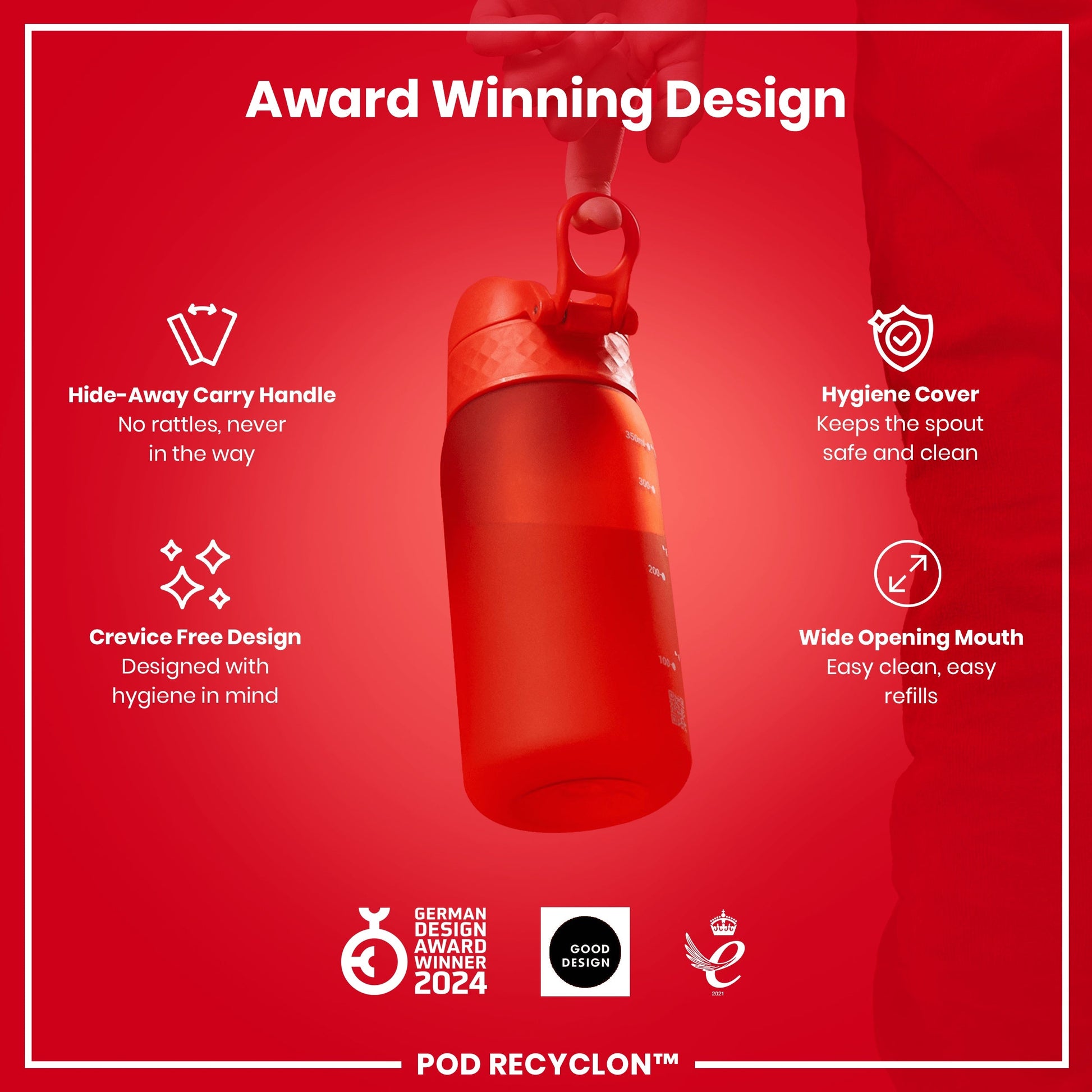 Red water bottle with features on a red background, including 'Award Winning Design' text.