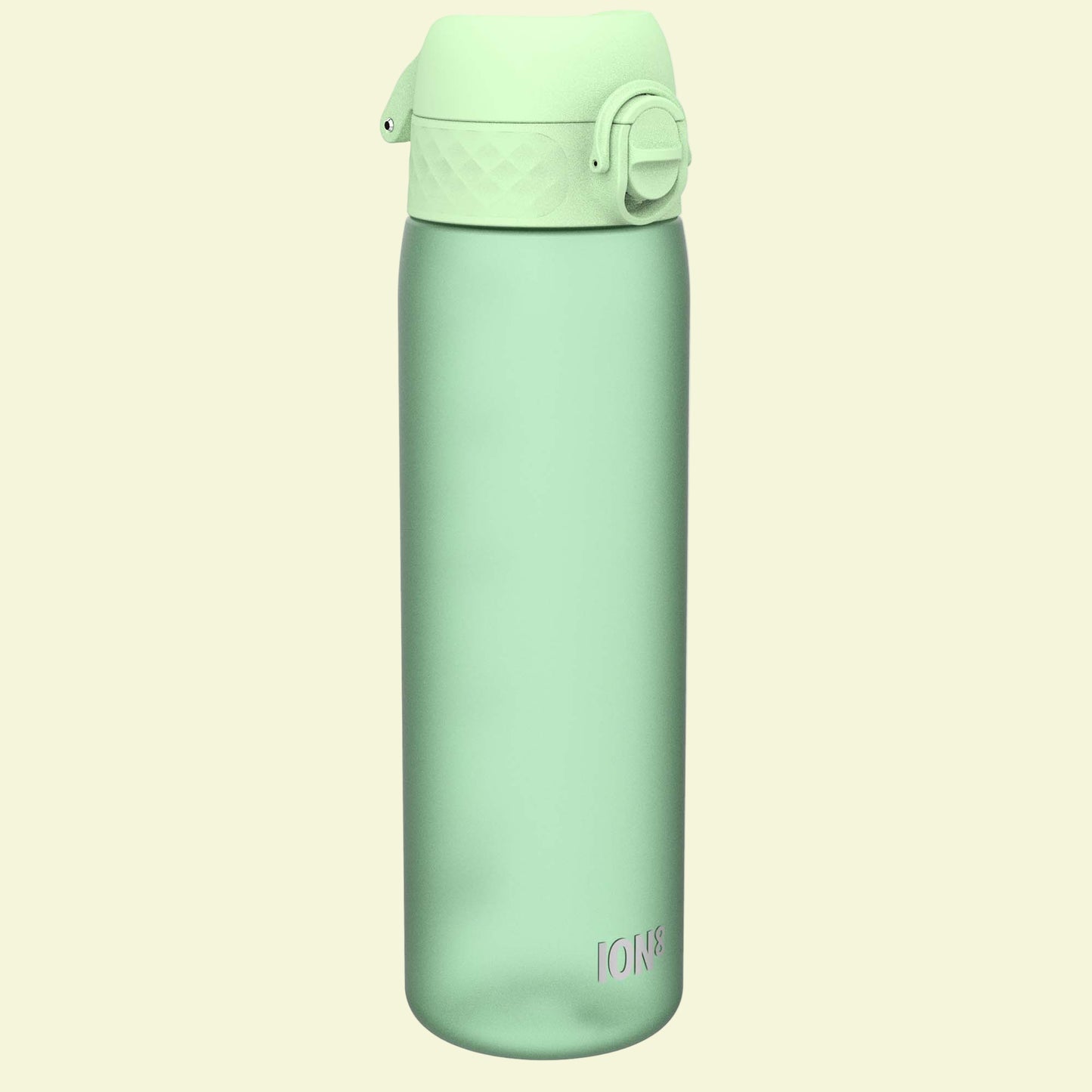 Light green water bottle with a cap on a white background