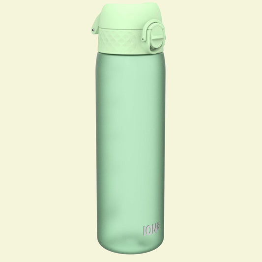 Light green water bottle with a cap on a white background