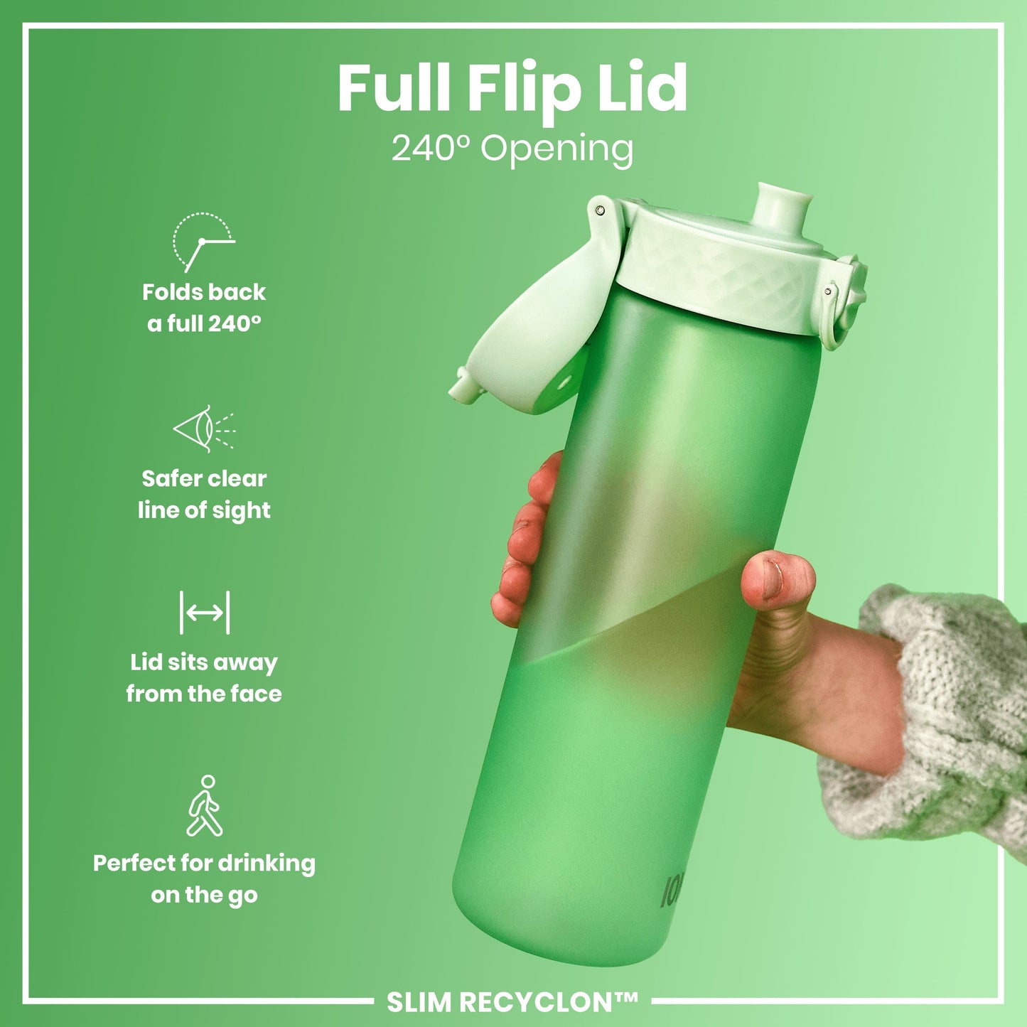 Green water bottle with a flip lid on a green background, featuring text about the lid's features.