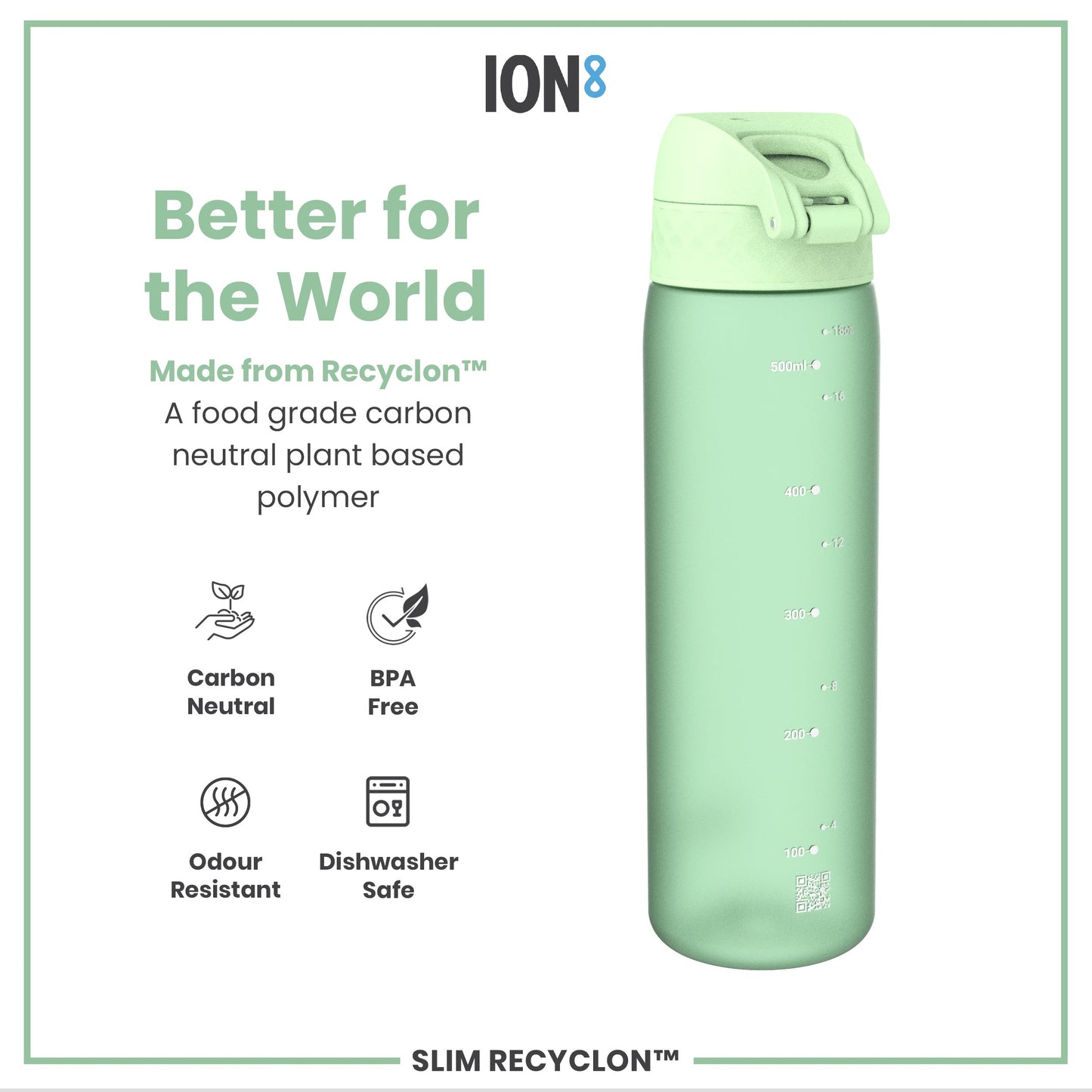 Green water bottle with 'ION8' branding on a white background