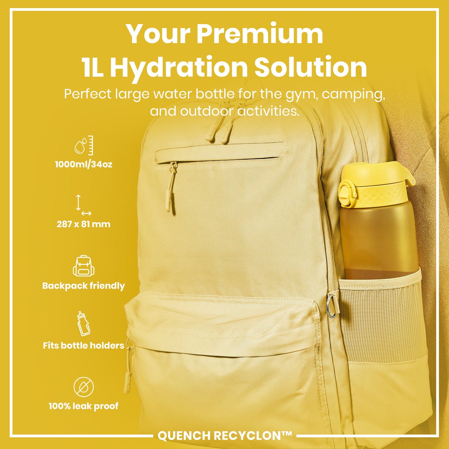 Beige backpack with a yellow water bottle, featuring product details on a yellow background.