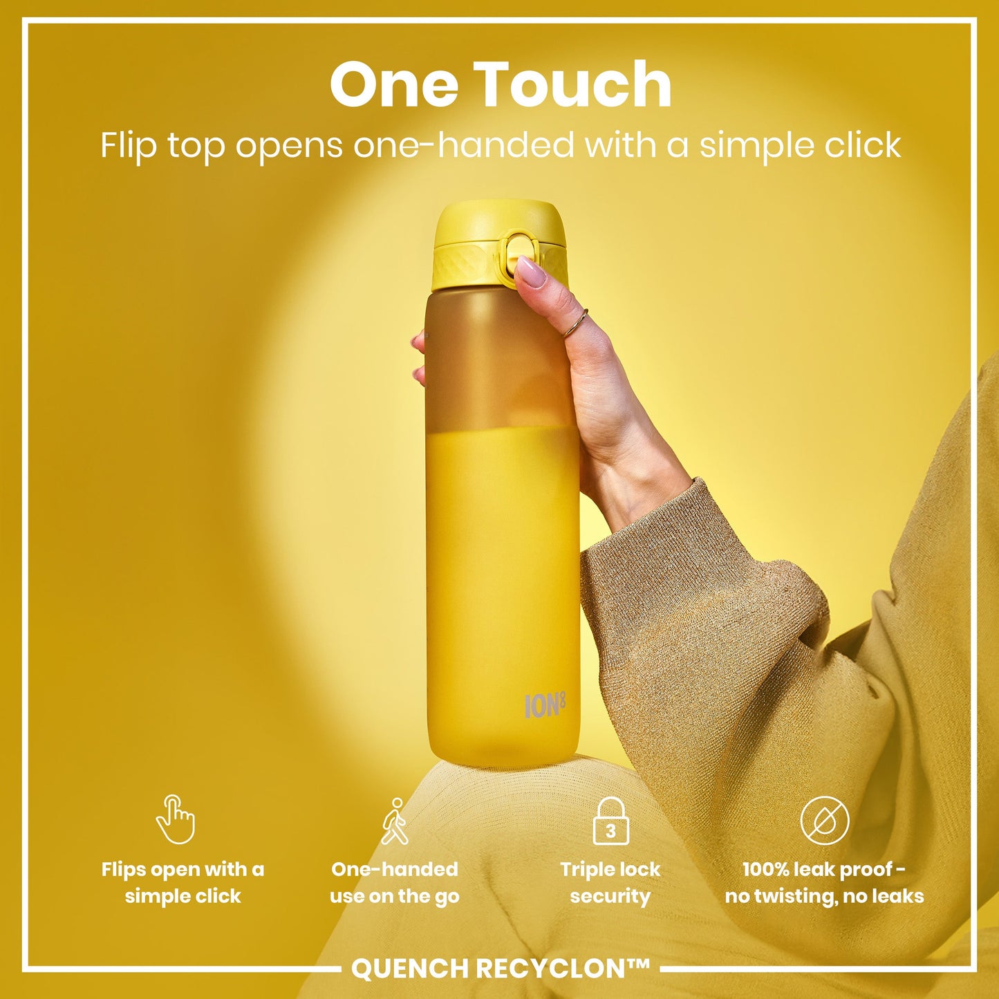Yellow water bottle held by a hand with text highlighting features on a yellow background