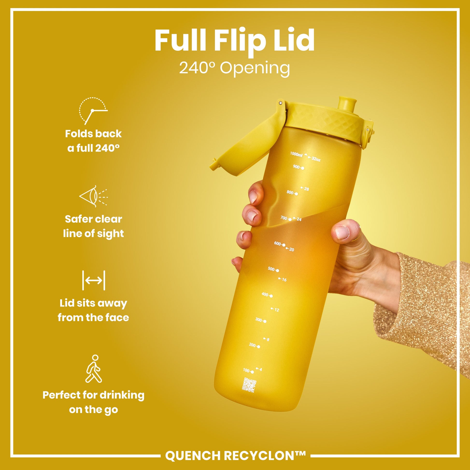 Yellow water bottle with a full flip lid on a yellow background