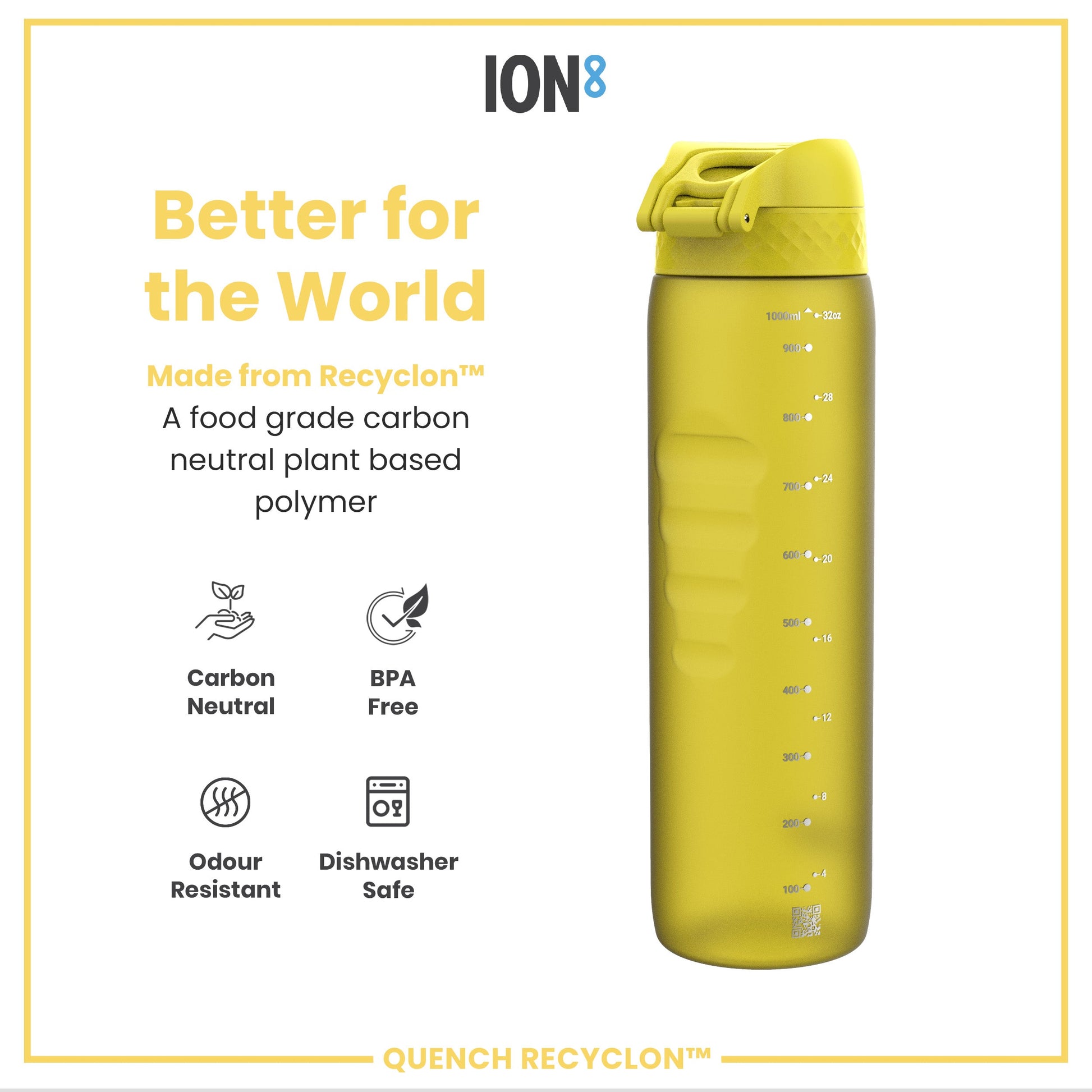 Yellow water bottle with 'ION8' branding and sustainability features on a white background