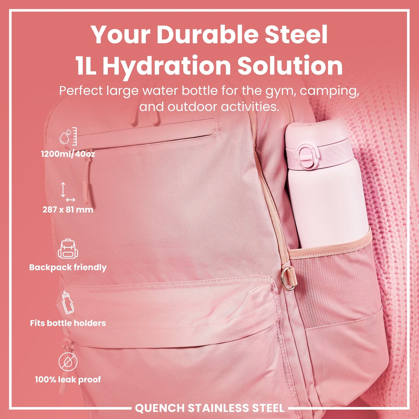 Pink hydration bottle with backpack pocket on a pink background
