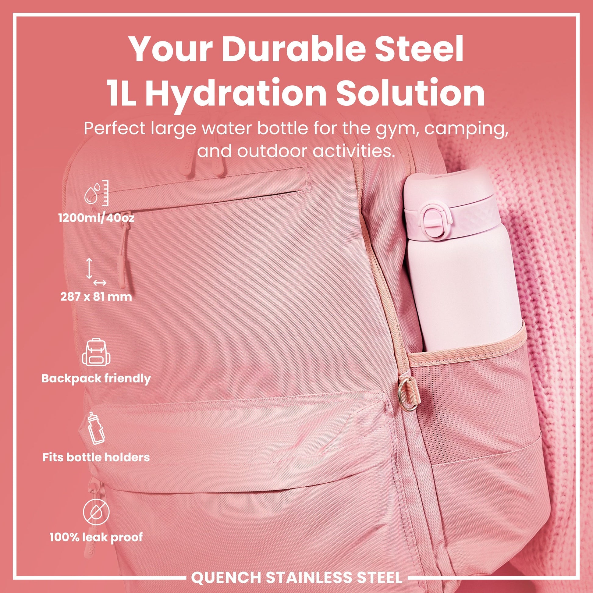 Pink hydration bottle with backpack pocket on a pink background
